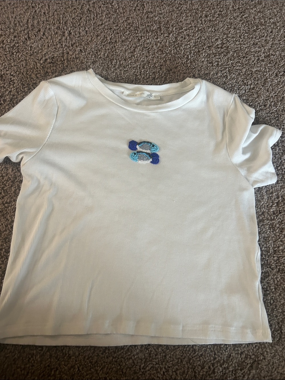 White Tee with Blue Sequin Fish Embellishment